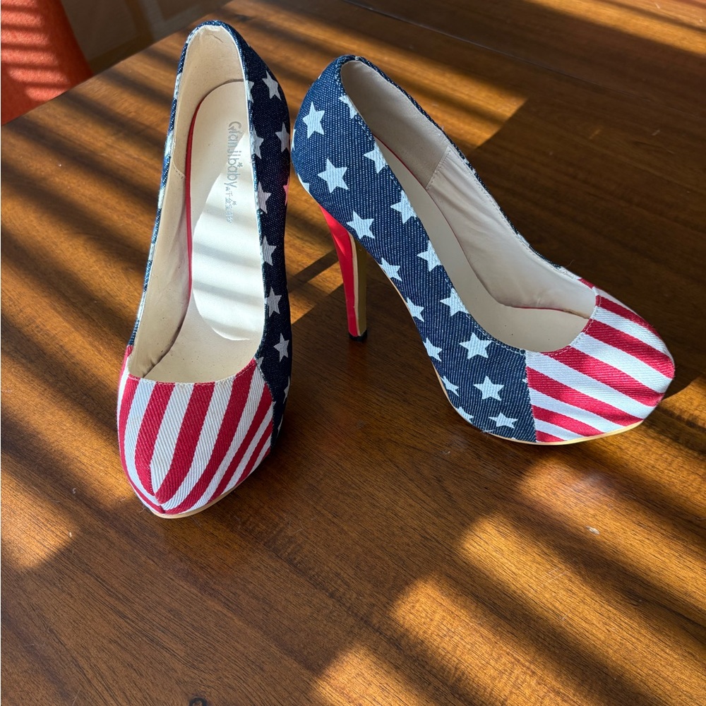 Patriotic Red White & Blue Flag Print Women's High Heels
